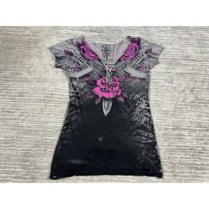 Rebel Saints Top Womens Medium Gray Embellished Rose Sword Pistol Graphic